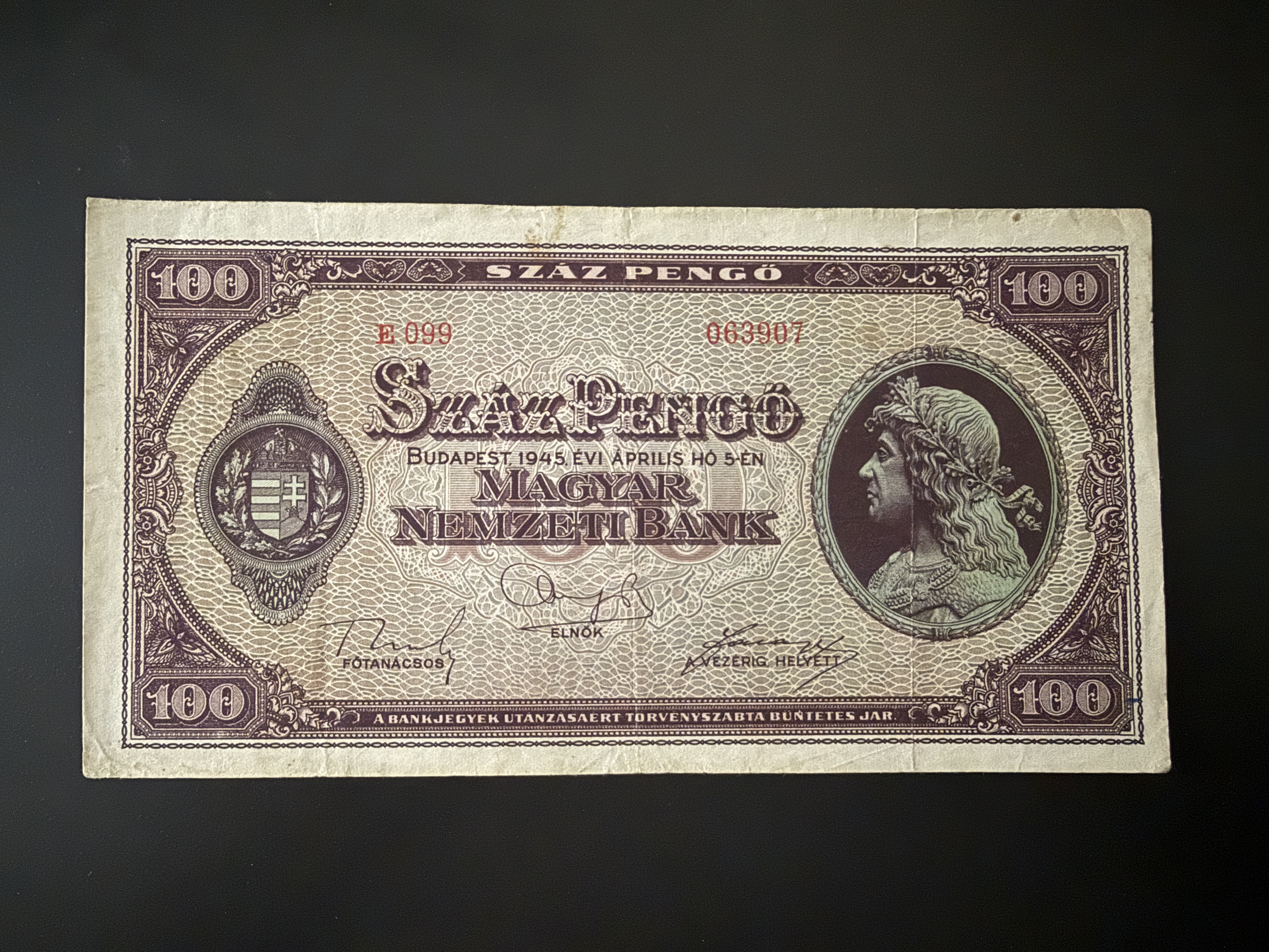 Száz Pengő (1945E) VF Adamo P18 