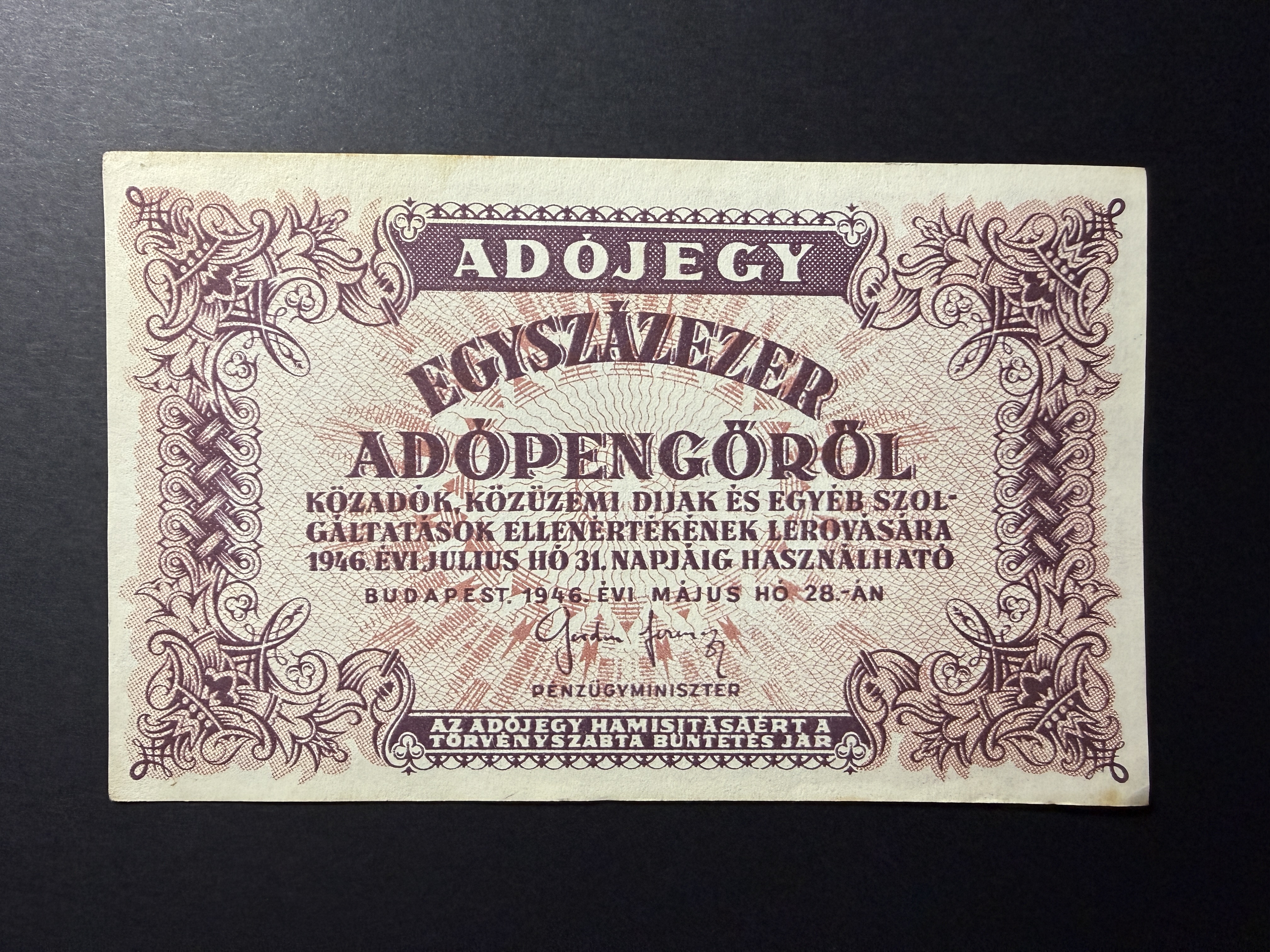 Egyszázezer Adópengő 1946 Adamo P51A