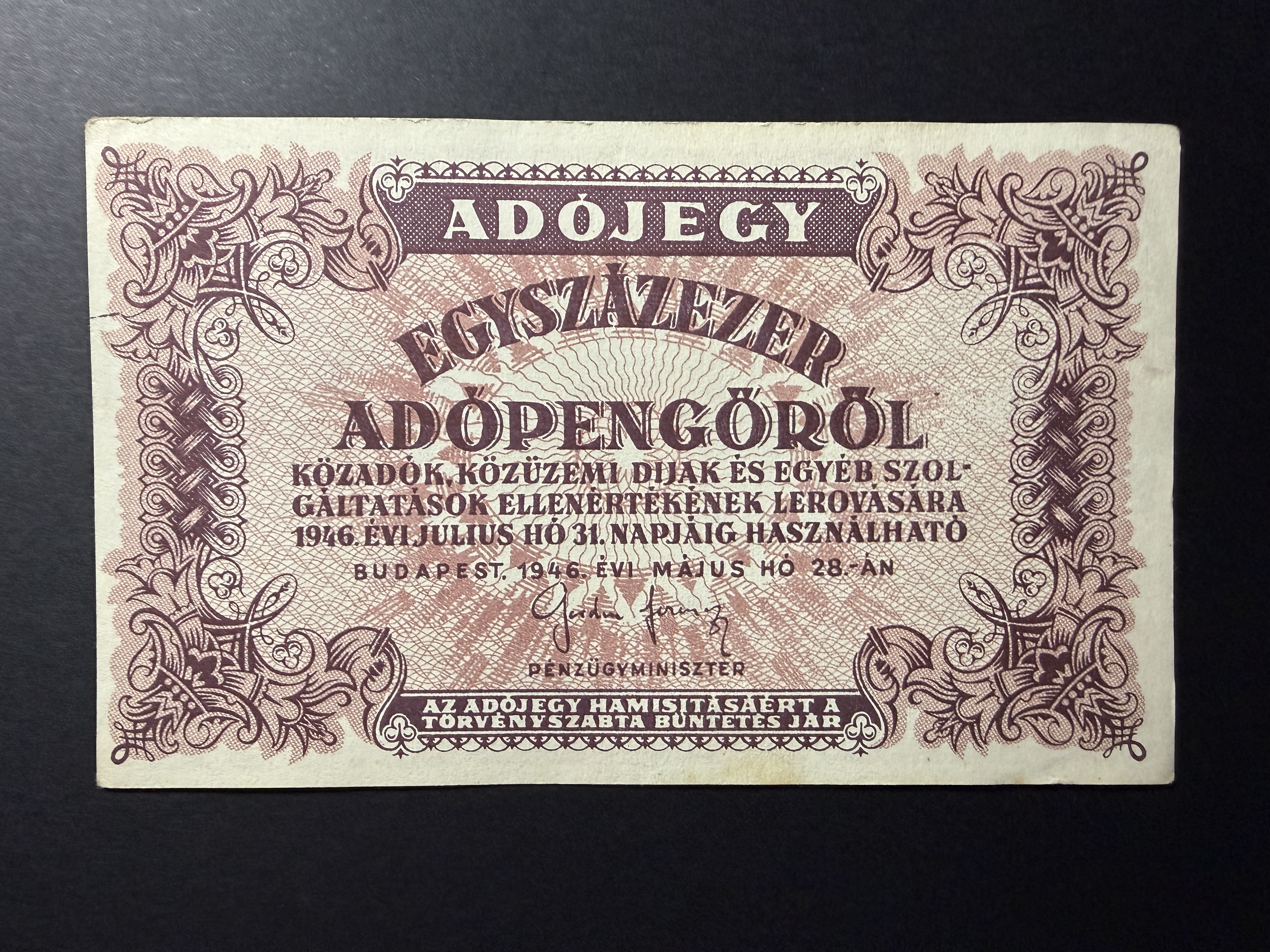 Egyszázezer Adópengő 1946 Adamo P51A