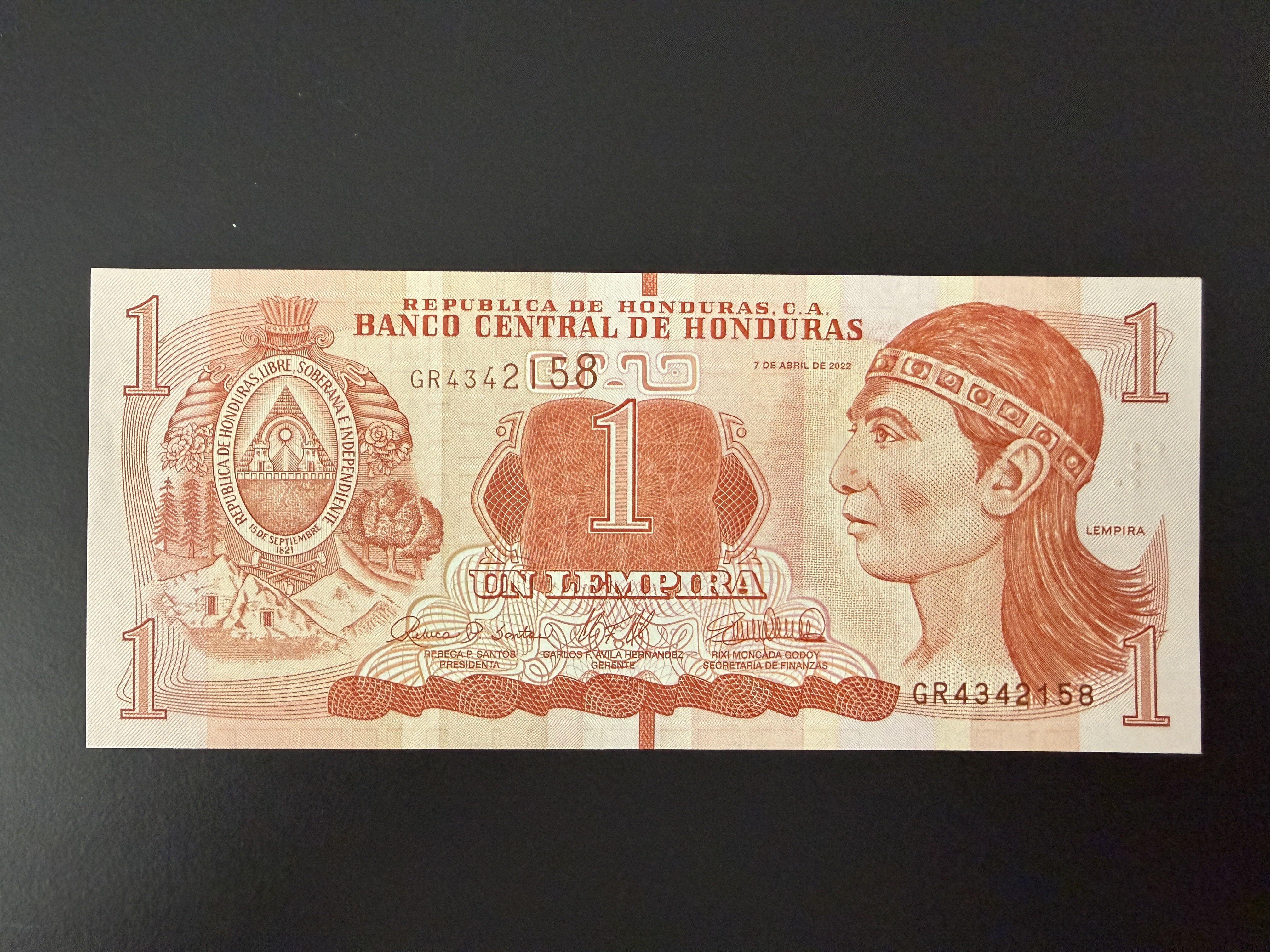 HONDURAS 1 Lempira 7.4.2022 (P.96e) UNC - Signatures Santos, Ávila, Moncada