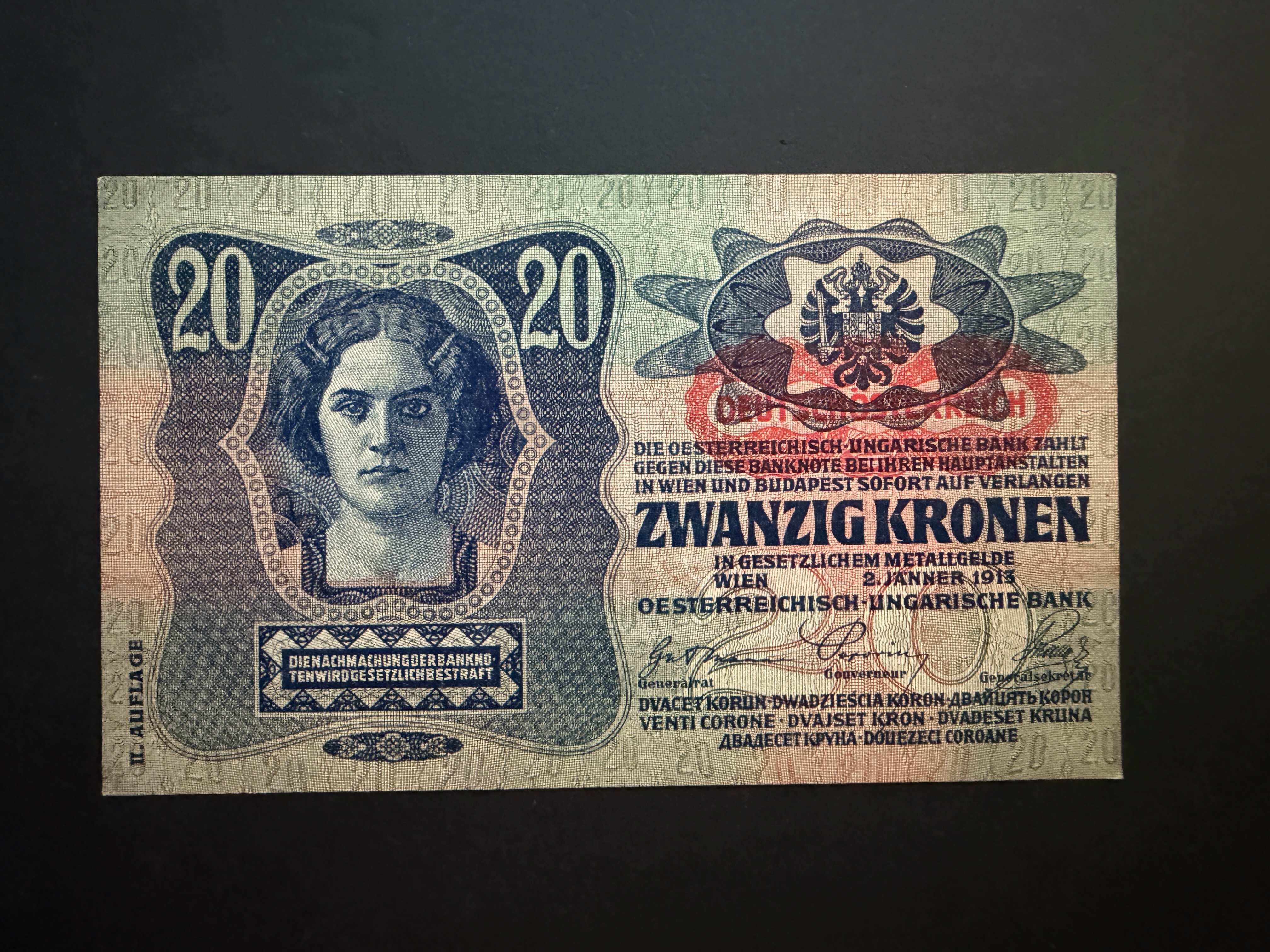 20 Korona (1913) felülbélyegzett II.kiadás UNC Adamo K18B