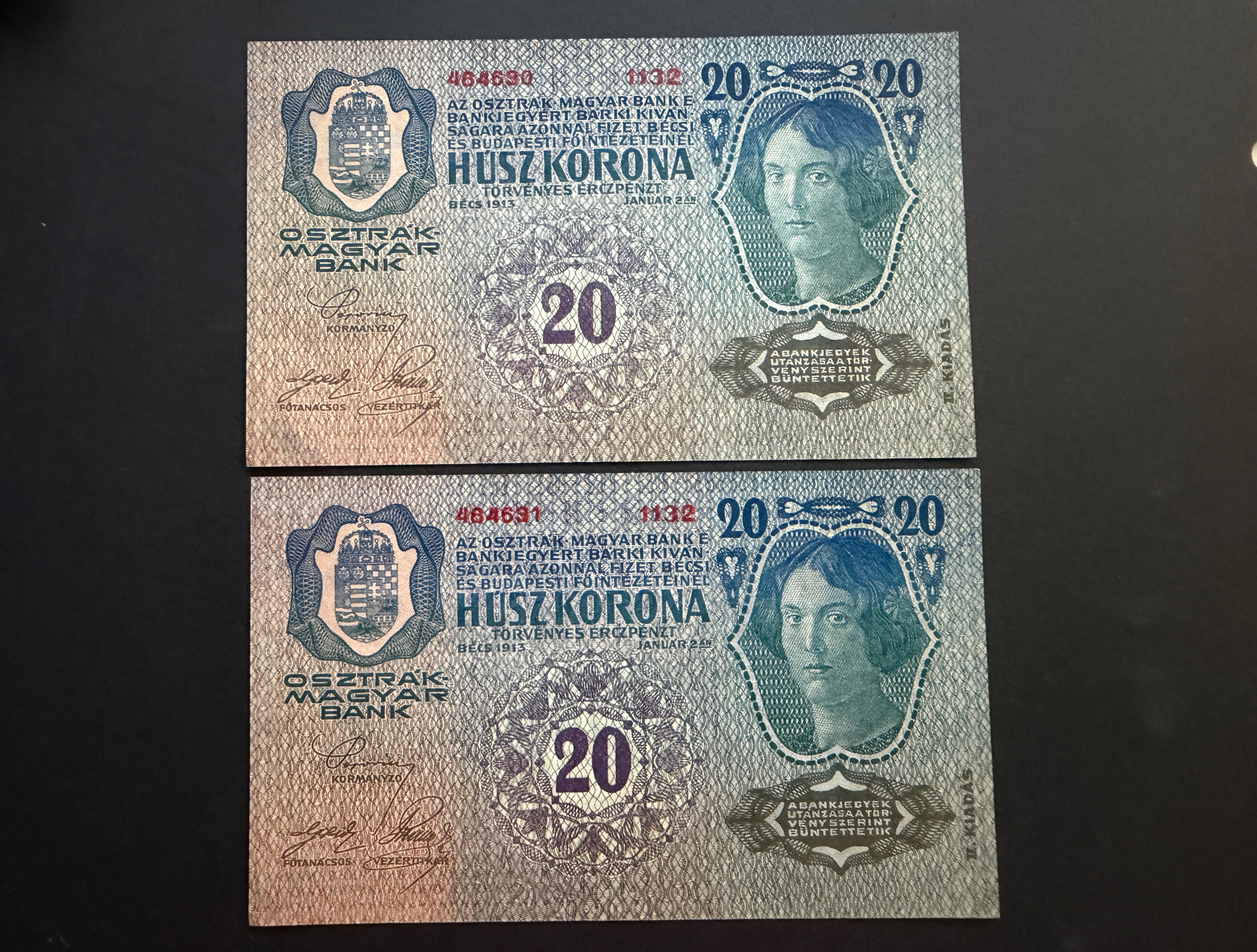20 Korona (1913) felülbélyegzett II.kiadás UNC 2db sorszámkövető Adamo K18B