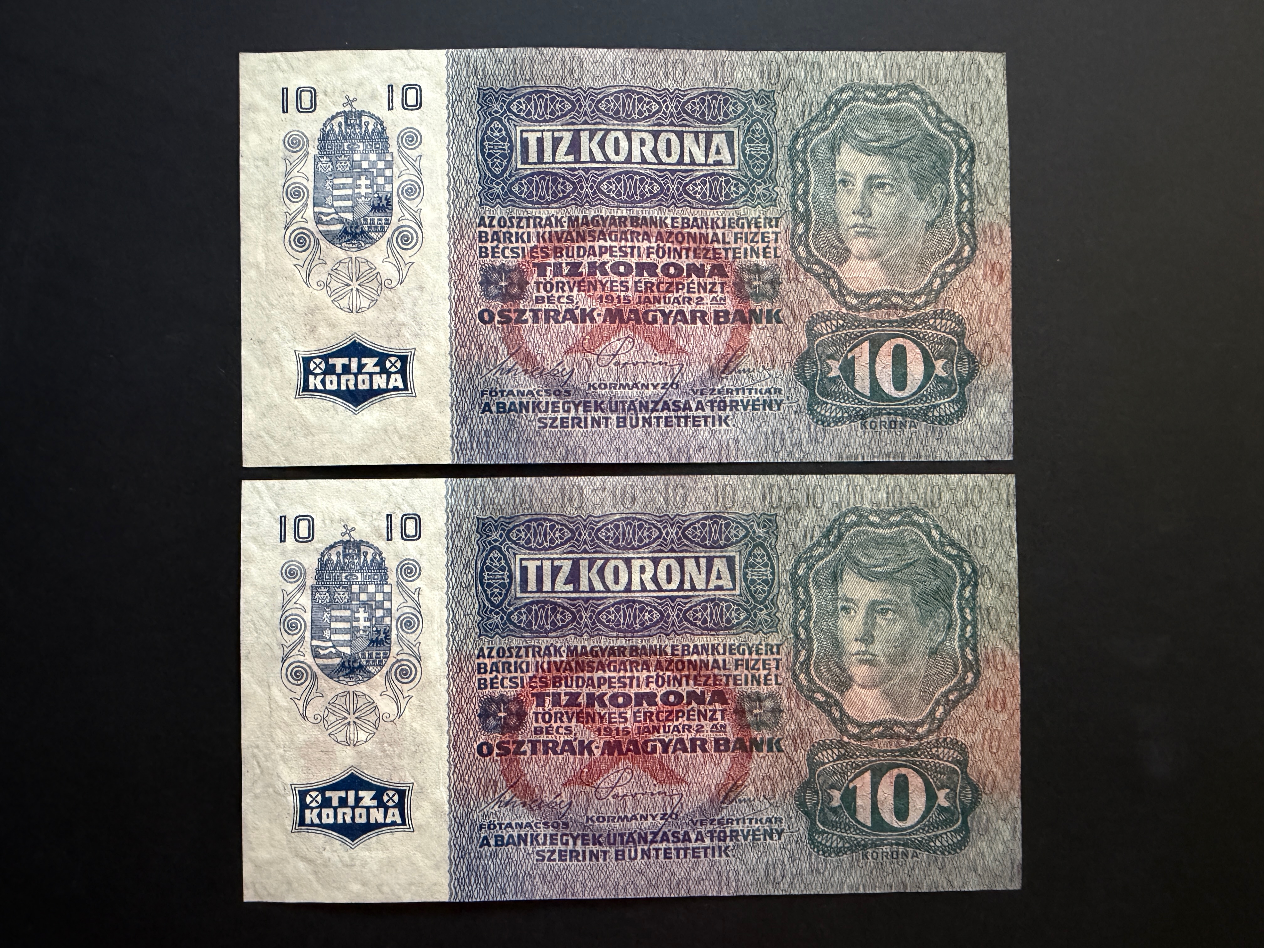 10 Korona (1915) felülbélyegzett EF 2db sorszámkövető Adamo K11B