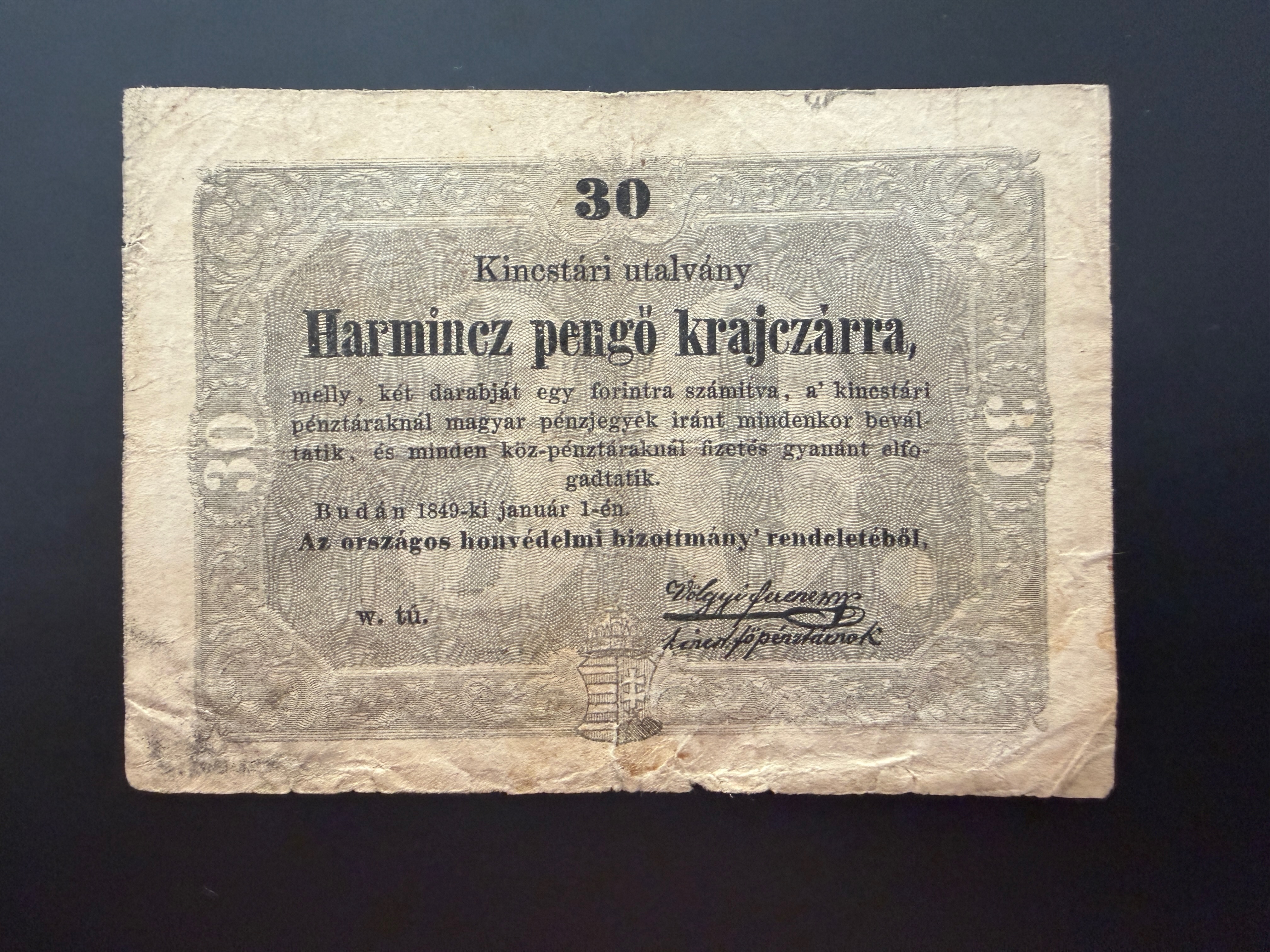 Szabadságharc 30 krajcár Kincstári utalvány (1849) VF Adamo G103
