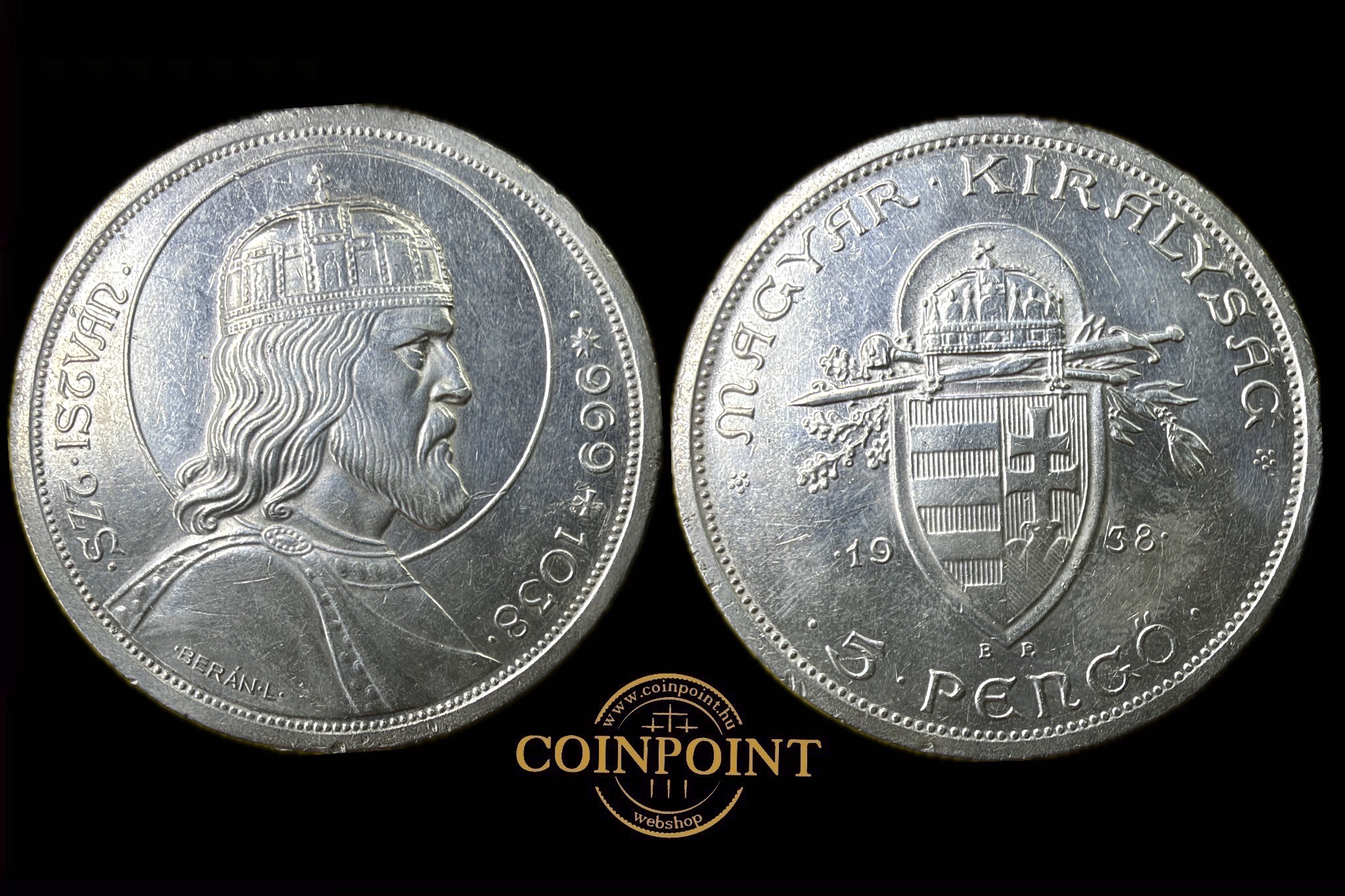 Szent István 5 Pengő 1938 BP Adamo P8.1 Magyar Köztársaság
